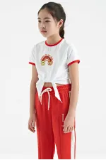 T-shirt fille Tommylife en gros, blanc imprimé, col rond, détails de cravate multicolores - 75113