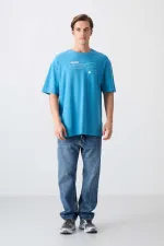 Tommylife Wholesale Crew Neck Oversize Printed Men's T-Shirt 88326 Petrol Blue