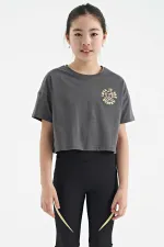 Tommylife Toptan Koyu Gri Ön Arka Baskılı O Yaka Düşük Omuz Oversize Kısa Kollu Kız Çocuk T-Shirt - 75126