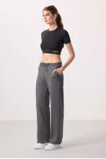 Tommylife Toptan Yumuşak Dokulu Cepli Ön Dikiş Detaylı Kadın Palazzo Pantolon - 94670 Koyu Gri