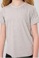 Tommylife Toptan Pamuklu O Yaka Oversize Fit Baskılı Kız Çocuk T Shirt 75177 Gri Melanj