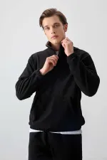 Tommylife Toptan Standart Kalıp Yarım Fermuar Polar Erkek Eşofman Takımı 85159 Siyah