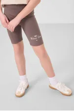 Tommylife Toptan Pamuklu O Yaka Standart Fit Baskılı Kız Çocuk Tayt Takım 75190 Bej Kahverengi