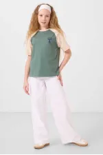 Tommylife Wholesale Crew Neck Cotton Printed Oversize Fit Girls' T-Shirt 75179 Light Green