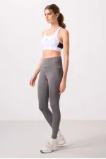 Tommylife Toptan Polyester Standart Fit Esnek Performans Kadın Tayt - 94666 Koyu Gri