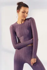 Tommylife Toptan Eflatun Kendinden Desenli O Yaka Uzun Kol Kadın Crop Top T-Shirt - 97153