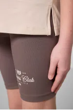 Tommylife Toptan Pamuklu O Yaka Standart Fit Baskılı Kız Çocuk Tayt Takım 75190 Bej Kahverengi