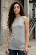 Tommylife Toptan Gri Melanj Slim Fit Basic O Yaka Sıfır Kol Kadın Atlet - 97313