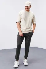 Tommylife Toptan Haki Fermuar Cepli Dar Kalıp Jogger Erkek Eşofman Alt - 84343