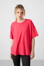Tommylife Toptan O Yaka Oversize Basic Kadın T-Shirt 97285 Şeker Pembe