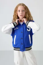 Tommylife Toptan 7-15 Yaş Kolej Yaka Standart Kalıp Kız Çocuk Ceket 75163 Gece Mavi
