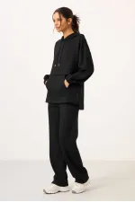 Ensemble tunique de survêtement à capuche oversize pour femme Tommylife, texture douce, vente en gros - 95348 Noir