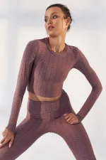 Tommylife Toptan Gül Kurusu Kendinden Desenli O Yaka Uzun Kol Kadın Crop Top T-Shirt - 97153