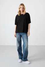 Tommylife Toptan O Yaka Oversize Basic Kadın T-Shirt 97285 Siyah