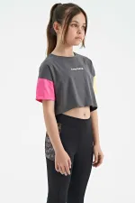 Tommylife Wholesale Dark Grey Printed Crew Neck Dropped Shoulder Oversize Girls' T-Shirt - 75130