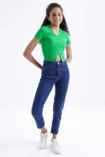 Tommylife Wholesale Green Basic Front Slit V-Neck Women's Crop Top T-Shirt - 97206