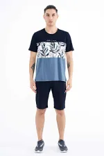 Tommylife Wholesale Navy Blue Gradient Print Detail Crew Neck Standard Fit Men's T-Shirt - 88177
