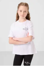 Tommylife Toptan Pamuklu O Yaka Standart Fit Baskılı Kız Çocuk Tayt Takım 75190 Beyaz Siyah