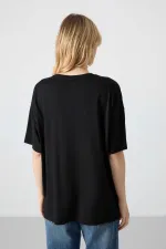 Tommylife Toptan O Yaka Oversize Basic Kadın T-Shirt 97285 Siyah