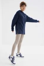 Tommylife Toptan İndigo Reglan Kol Basic Kapüşonlu Oversize Tunik - 97242