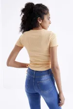 Tommylife Wholesale Orange Basic Side Gathered O-Neck Women's Crop Top T-Shirt - 97203