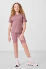 Tommylife Toptan Pamuklu O Yaka Oversize Fit Basic Kız Çocuk T Shirt 75182 Gül Kurusu