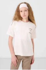 Tommylife Wholesale Crew Neck Printed Elasticated Hem Standard Fit Girls' Tracksuit Set 75186 Ecru Dark Beige