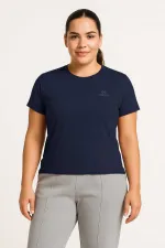 Tommylife Toptan İndigo O Yaka Basic Battal Büyük Beden Kadın T-Shirt - 97308