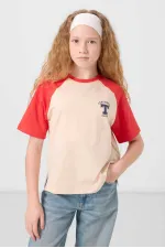 Tommylife Toptan O Yaka  Pamuklu Baskılı Oversize Fit Kız Çocuk T Shirt 75179 Bej