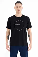 Tommylife Toptan Siyah Yazı Geometri Baskılı Standart Kalıp Erkek T-Shirt - 88198