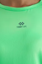 Tommylife Wholesale Neon Green Crew Neck Print Detail Oversize Short Sleeve Women's T-Shirt - 97263
