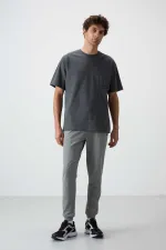 Tommylife Toptan Comfort Fit Nakışlı Erkek Jogger Eşofman Alt 82123 Gri Melanj