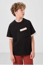 T-shirt garçon Tommylife Wholesale en coton doux texturé, coupe oversize, avec poche, référence 11295, noir