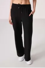 Tommylife Toptan Keten Geniş Paça Rahat Form Kadın Palazzo Pantolon - 94675 Siyah