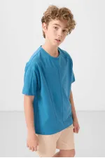 T-shirt basique oversize en coton doux texturé Tommylife pour garçon, couleur bleu pétrole, référence 11297.
