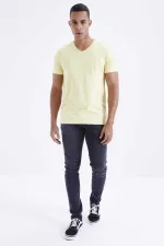 Tommylife Toptan V Yaka Standart Kalıp Basic Erkek T-Shirt 87912 Sarı