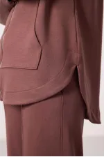 Tommylife Wholesale Soft Texture Hooded Oversize Women's Tunic Sweatshirt - 97302 Brown