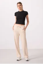 Pantalon palazzo à jambes larges pour femme Tommylife Wholesale, texture douce, avec empiècements latéraux - 94669 Beige