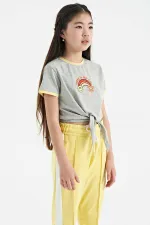 Tommylife Wholesale Grey Melange Print Detail Crew Neck Multicolored Tie Detail Girls' T-Shirt - 75113