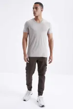 Tommylife Toptan V Yaka Standart Kalıp Basic Erkek T-Shirt 87912 Koyu Bej