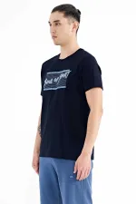 Tommylife Wholesale Navy Blue Text Print Standard Fit Crew Neck Men's T-Shirt - 88172
