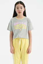 Tommylife Toptan Gri Melanj Renkli Yazı Baskılı O Yaka Oversize  Kısa Kollu Kız Çocuk T-Shirt - 75111