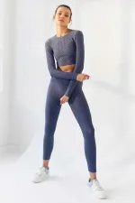 Tommylife Toptan Petrol Kendinden Desenli O Yaka Uzun Kol Kadın Crop Top T-Shirt - 97153