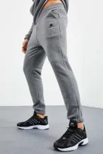 Tommylife Toptan Standart Kalıp Yarım Fermuar Polar Erkek Eşofman Takımı 85159 Gri Melanj