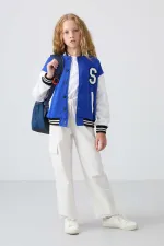 Tommylife Toptan 7-15 Yaş Kolej Yaka Standart Kalıp Kız Çocuk Ceket 75163 Gece Mavi