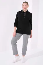 Tommylife Toptan Gri Melanj Klasik Paça Taş Detaylı Kadın Büyük Beden Eşofman Alt - 94040