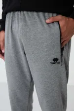 Tommylife Toptan Gri Melanj Fermuar Cepli Standart Kalıp Jogger Erkek Eşofman Alt - 84651