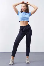 Tommylife Toptan Lacivert Yüksek Bel Jogger Rahat Form Dar Paça Kadın Eşofman Alt - 94566