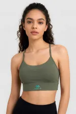 Tommylife Toptan Haki Standart Fit Baskılı Sırt Detaylı Kadın Spor Büstiyer - 97300