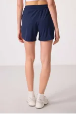 Tommylife Toptan Polyester Gizli Cep Fermuarlı Rahat Form Kadın Şort - 91014 İndigo